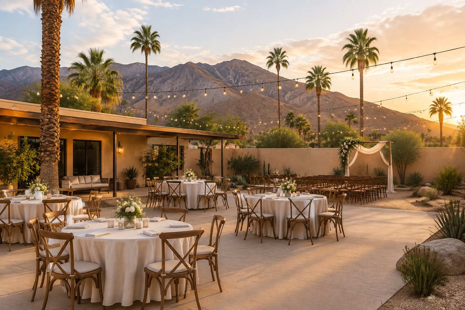 An intimate outdoor wedding venue in Palm Springs with simple tables, string lights, palm trees, and desert mountains.