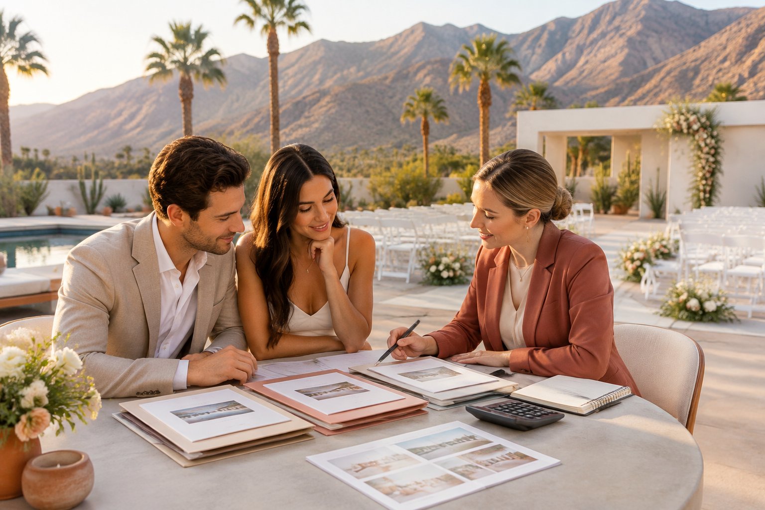 A couple and wedding planner compare organized venue packages at an outdoor Palm Springs wedding venue.