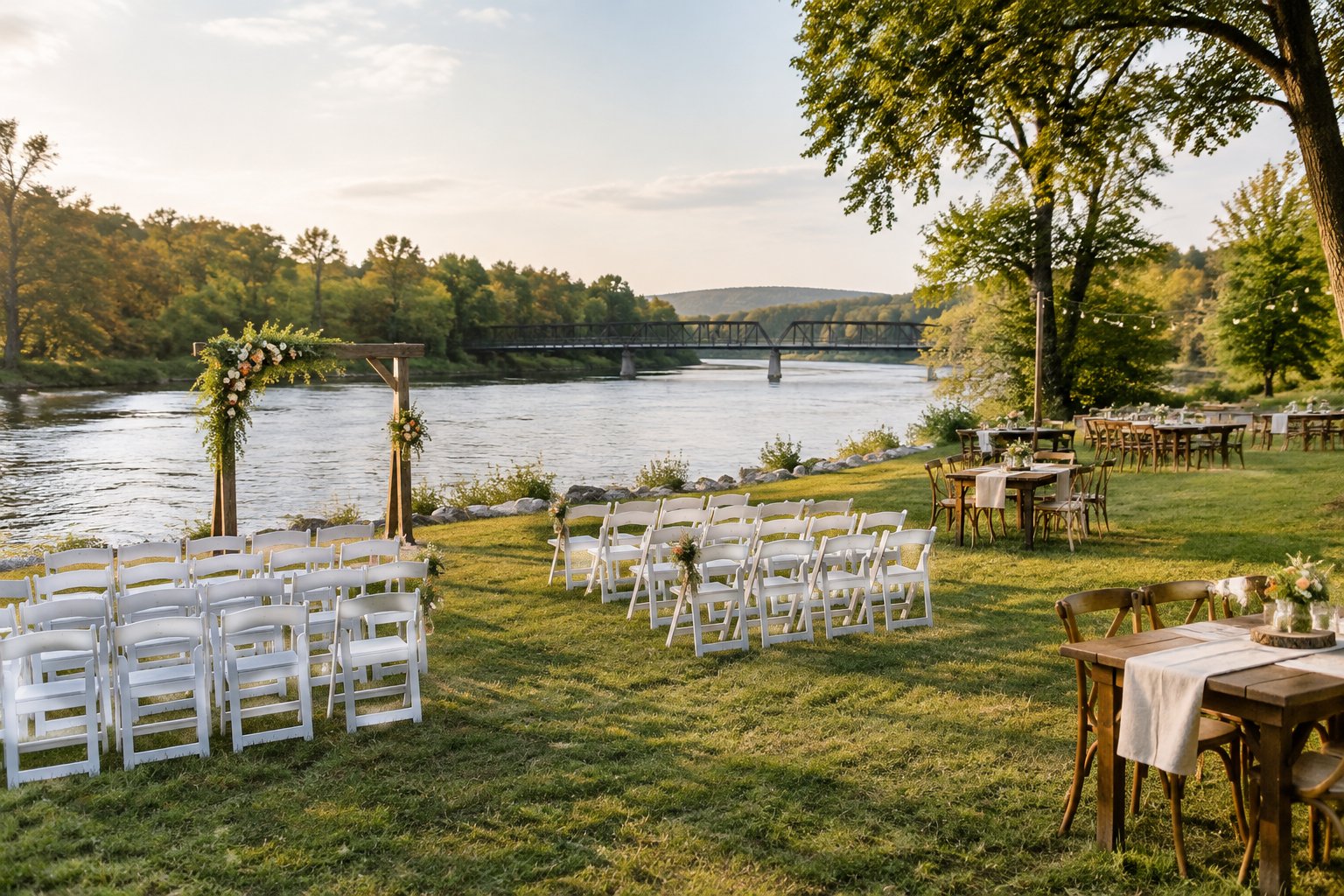 A simple wedding ceremony setup beside a calm riverside with white chairs, greenery, and rustic tables.