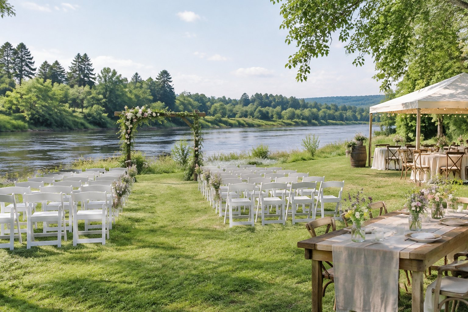 An intimate outdoor wedding setup with white chairs and simple floral decorations beside a calm river.