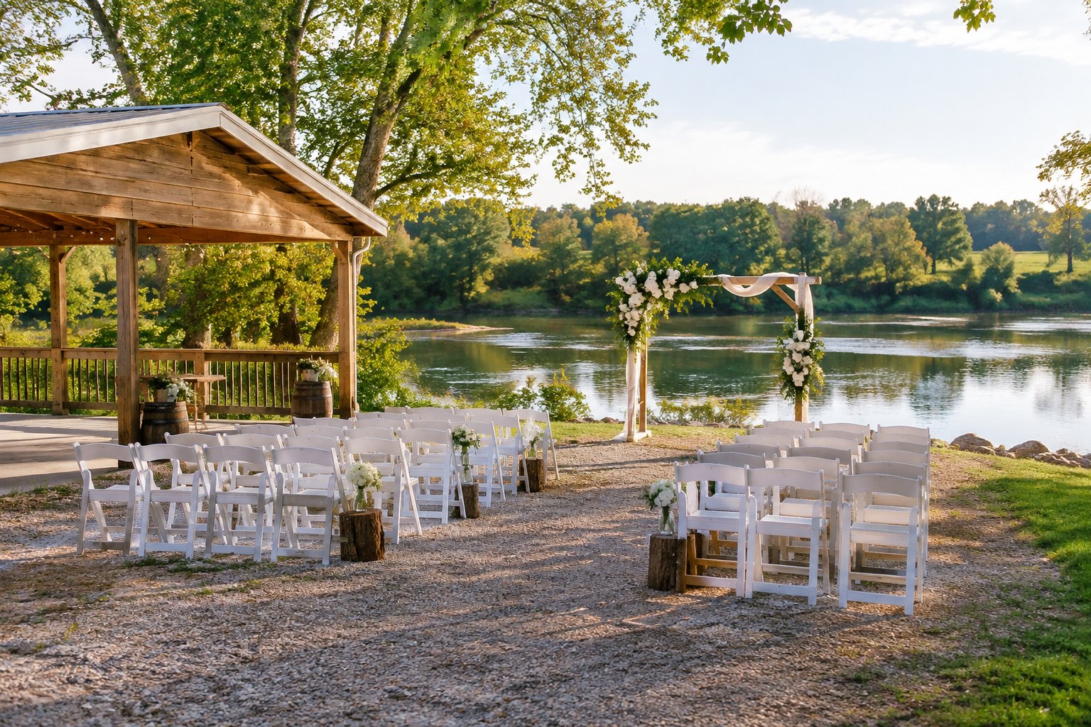 A simple outdoor wedding venue with white chairs and a floral arch beside a calm river.