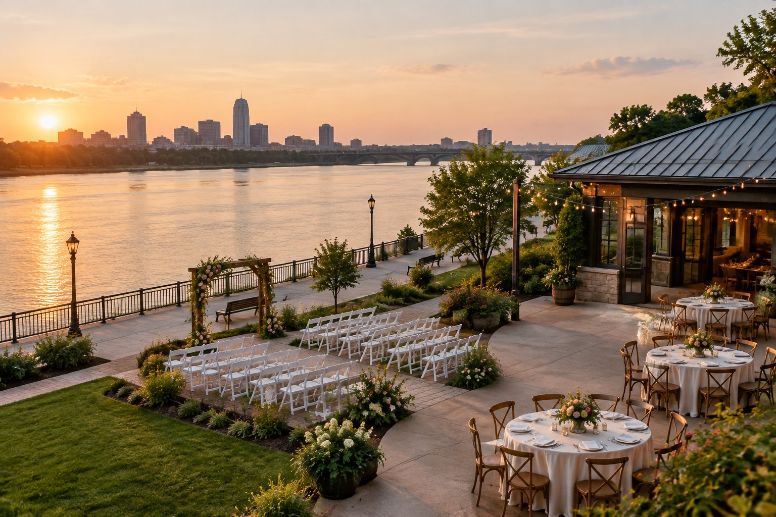 A simple wedding reception beside a calm river with a nearby city skyline in the background.