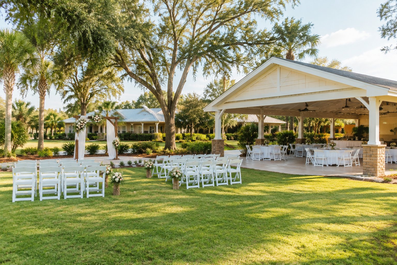 A modest outdoor wedding venue with white chairs, simple floral decorations, and a covered pavilion on a sunny Florida lawn.