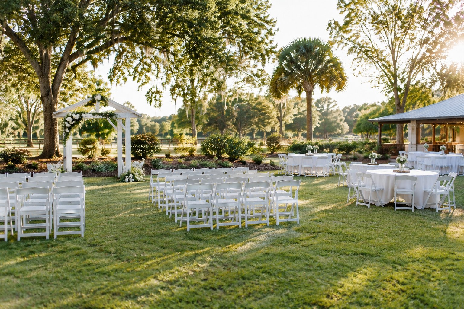 A simple outdoor wedding venue with white chairs, a decorated arbor, and reception tables in a sunny green garden.