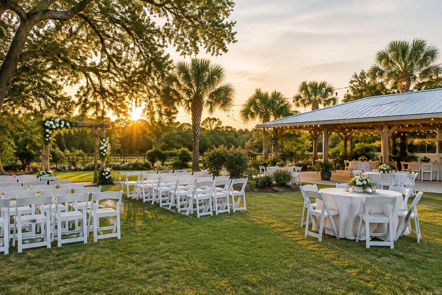 A simple outdoor wedding venue with white chairs, floral decorations, and tables beneath trees.