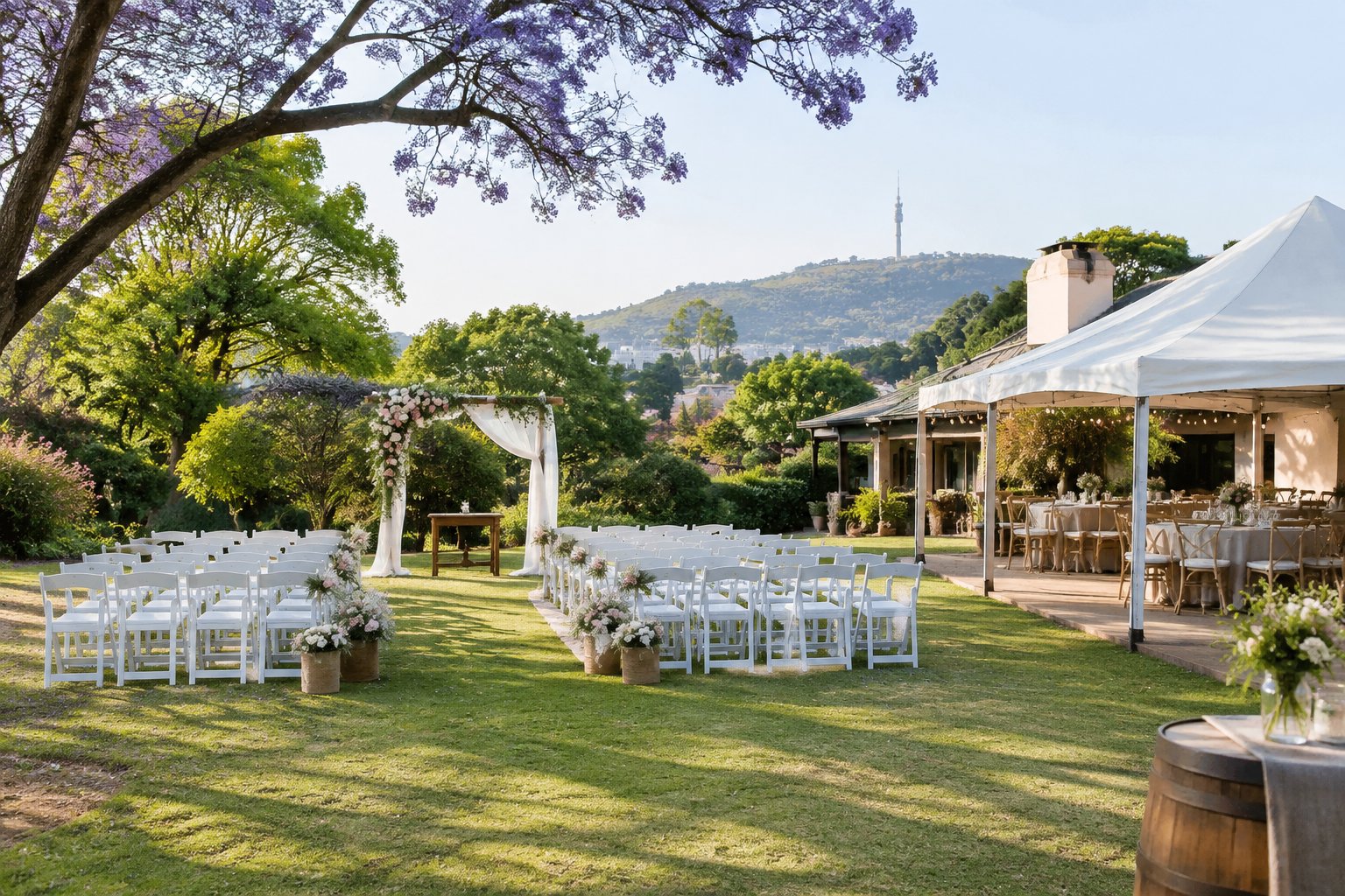 An affordable outdoor wedding venue in Pretoria with white chairs, a simple floral arch, and a modest reception area surrounded by greenery.