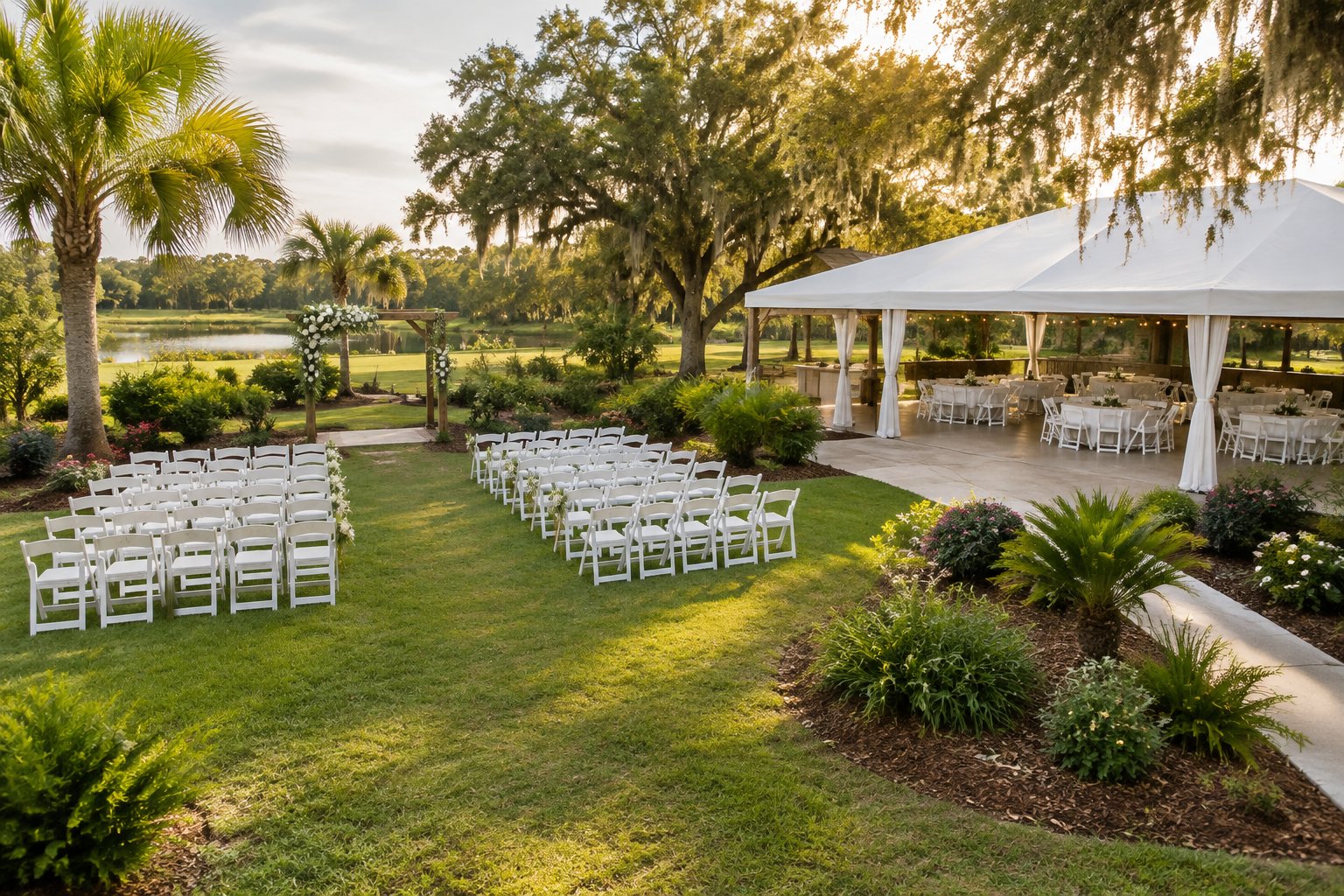 A modest outdoor wedding venue with white chairs, a floral arbor, and a covered reception area surrounded by greenery.