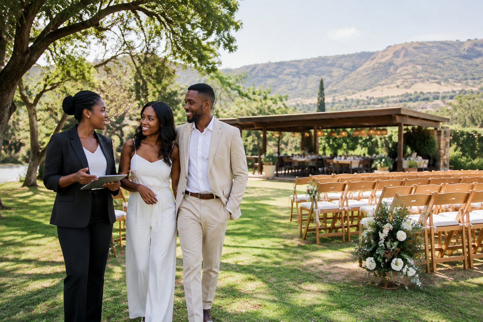 A couple tours a modest, well-kept garden wedding venue with neatly arranged chairs and simple decorations.