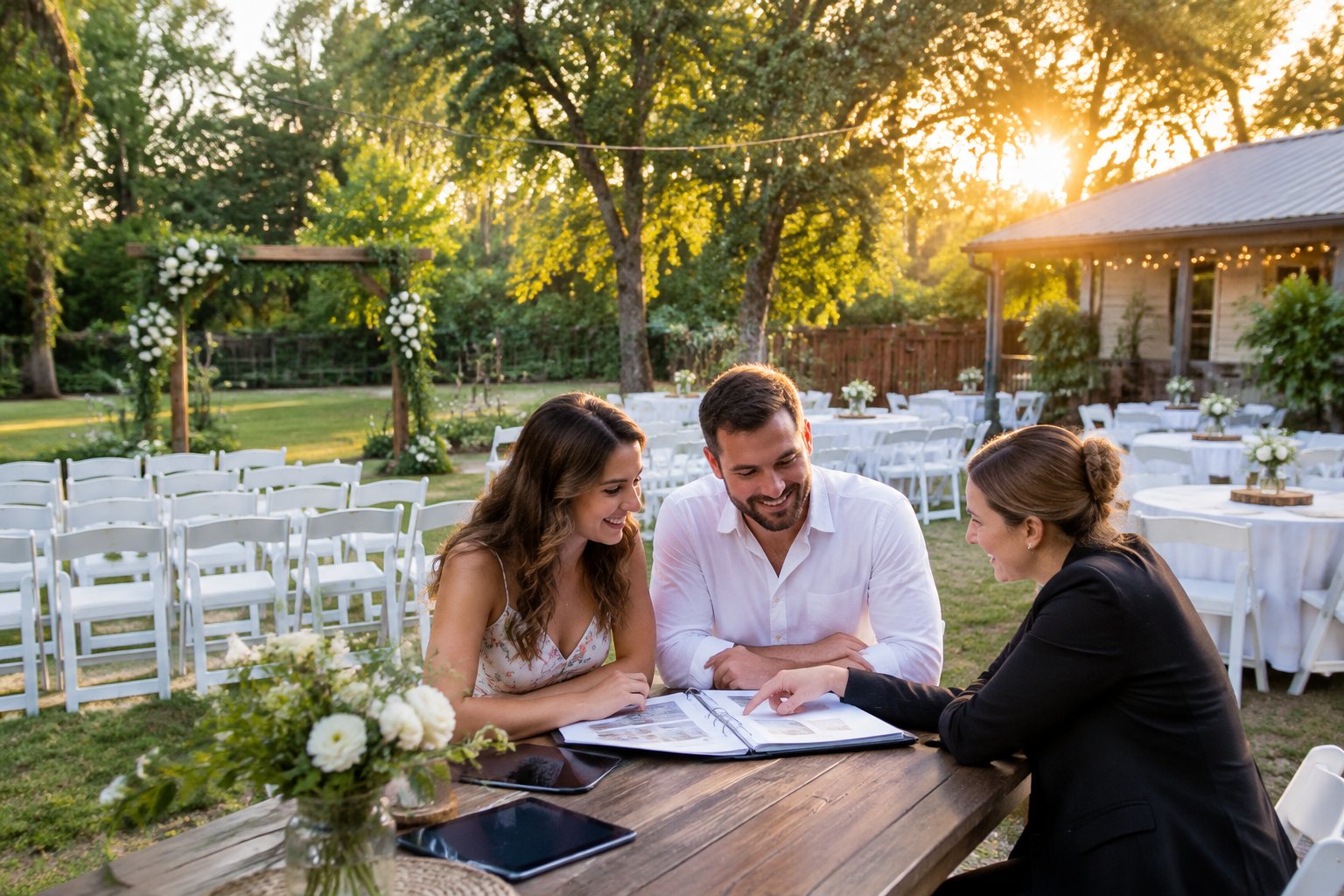 A couple discusses wedding plans with a coordinator at a simple outdoor ceremony venue.
