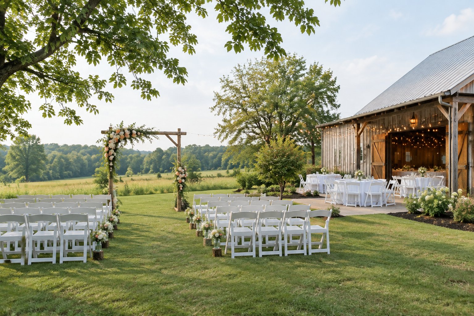 A modest rustic wedding venue in the South Jersey countryside with rows of white chairs, a floral ceremony arch, and a decorated reception area.