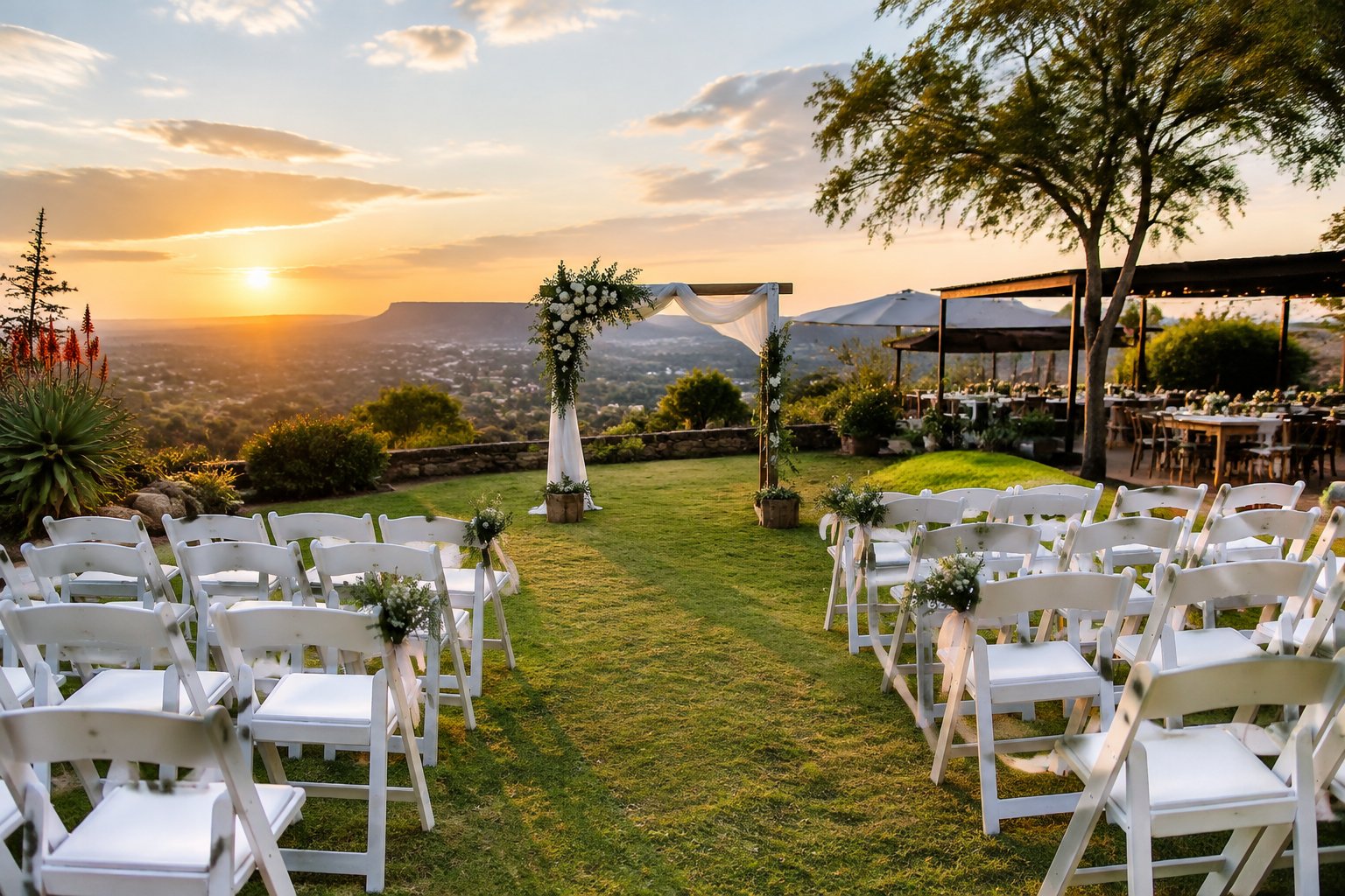 A simple outdoor wedding venue with white chairs, a floral arch, and a landscaped garden near Pretoria.