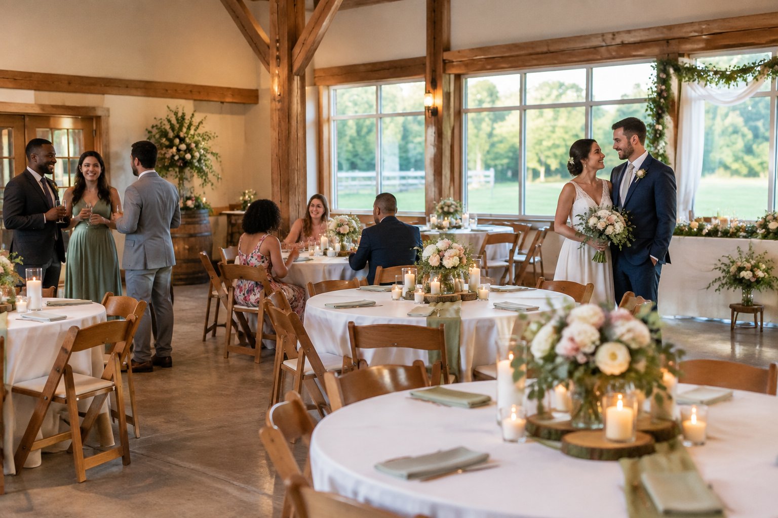 A small wedding reception with simple decorations in a welcoming outdoor venue.