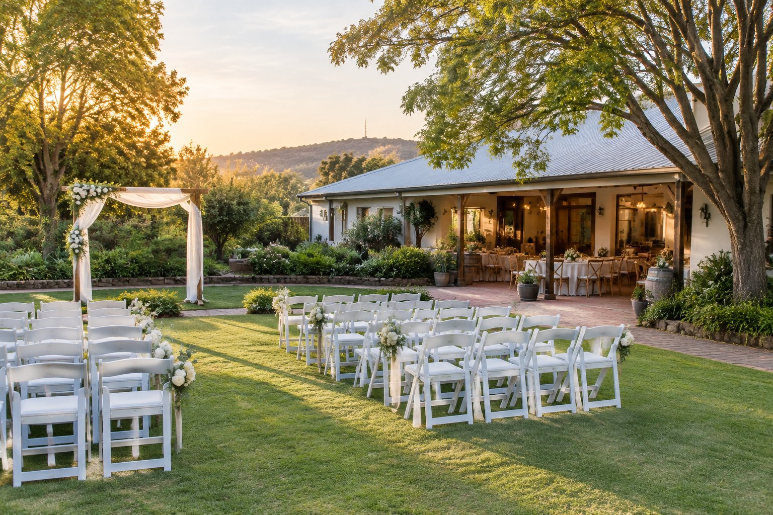 A charming garden wedding venue with simple seating and floral decorations.