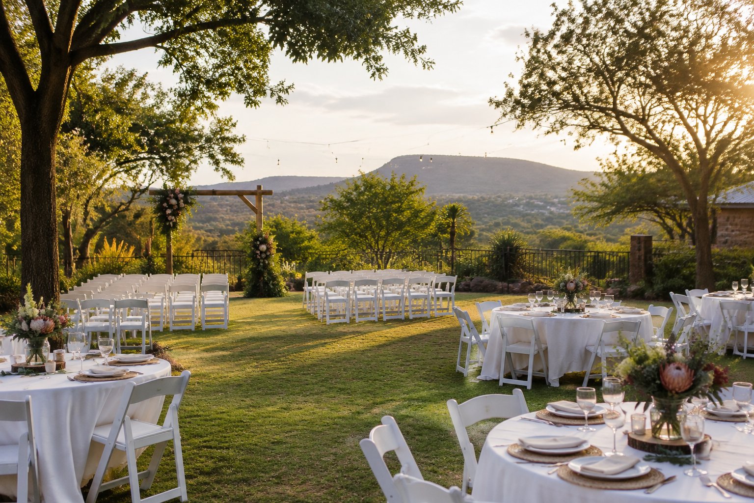A simple outdoor wedding setup in a sunny Pretoria garden with white chairs, a ceremony arch, and decorated reception tables.