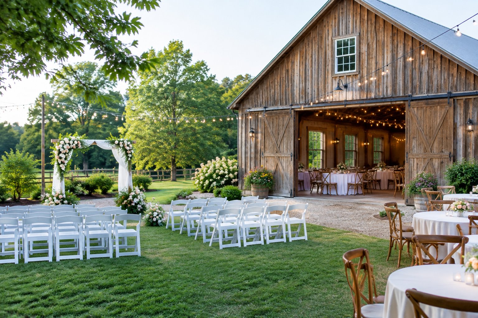 A modest wedding venue with outdoor ceremony seating, simple floral decorations, and string lights in a green South Jersey setting.