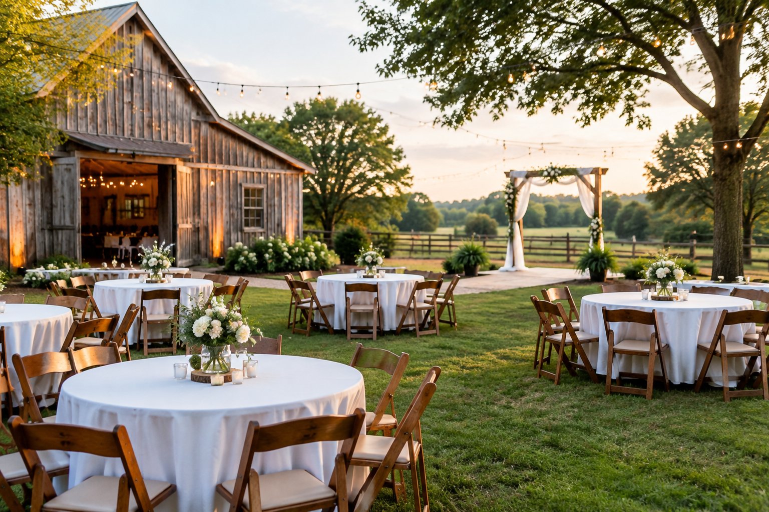 A modest outdoor wedding setup with decorated tables and a ceremony arch beside a charming venue.