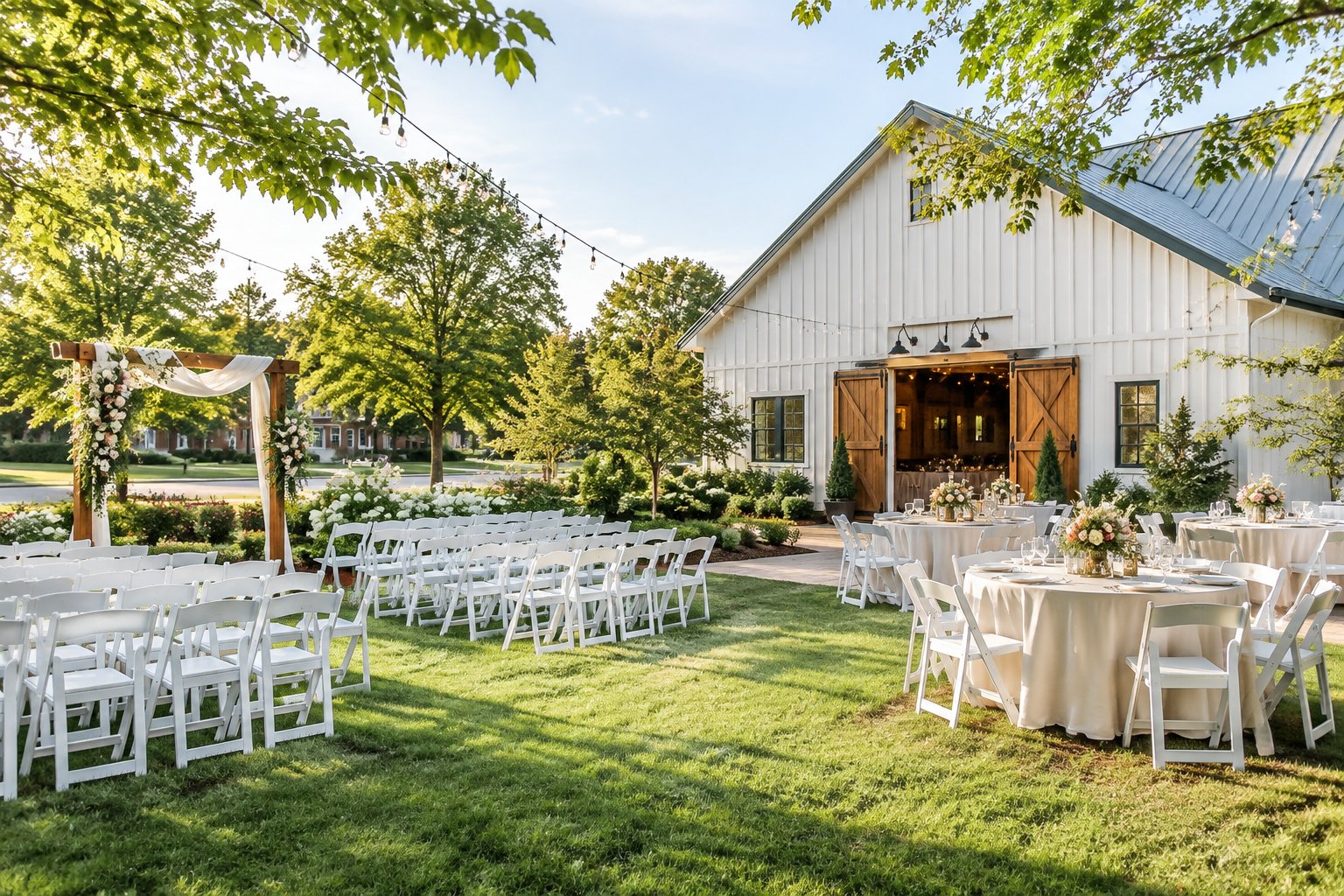 An affordable outdoor wedding setup with white chairs, a floral arch, string lights, and a small reception area beside a charming historic venue.