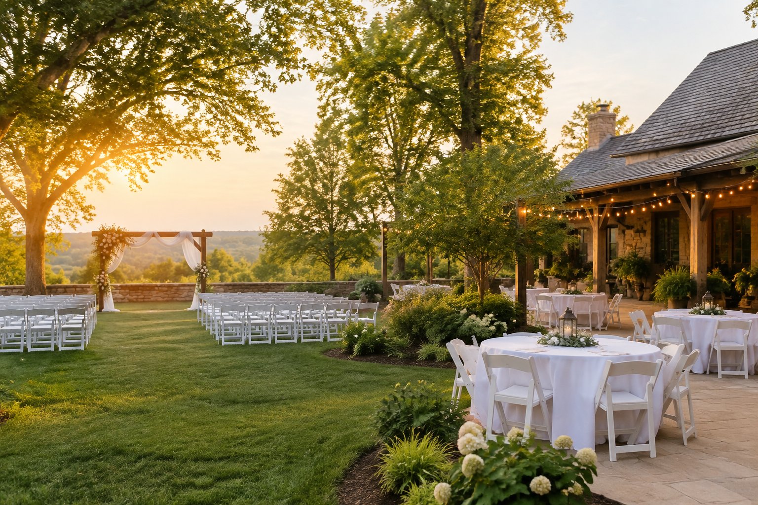 A modest outdoor wedding venue with white chairs, a floral arch, green lawns, and a small barn.