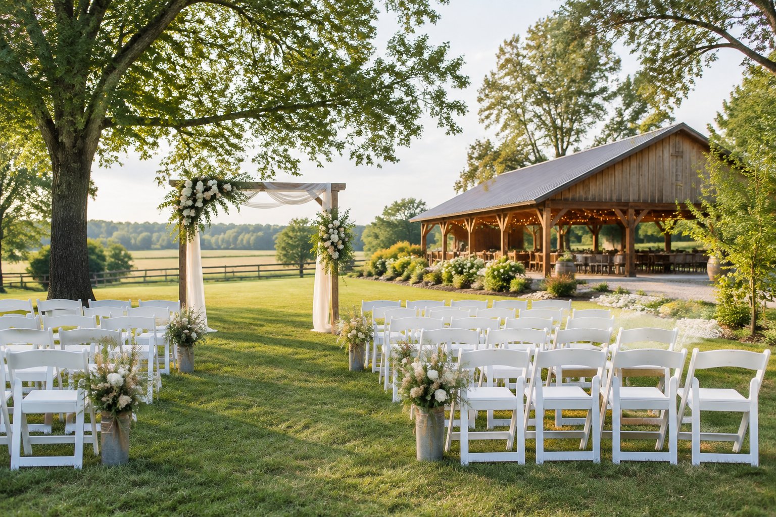 A simple outdoor wedding venue with white chairs, floral decorations, and a rustic reception building surrounded by trees and lawn.