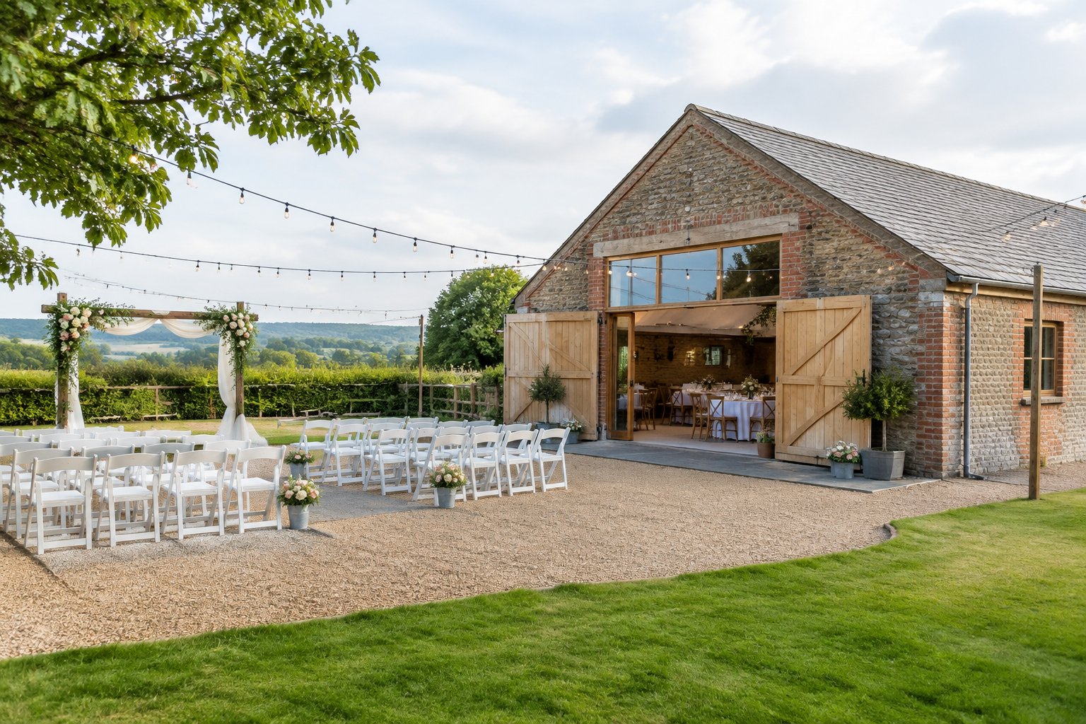 A welcoming affordable wedding venue with simple outdoor seating, seasonal flowers, and string lights in a green countryside setting.