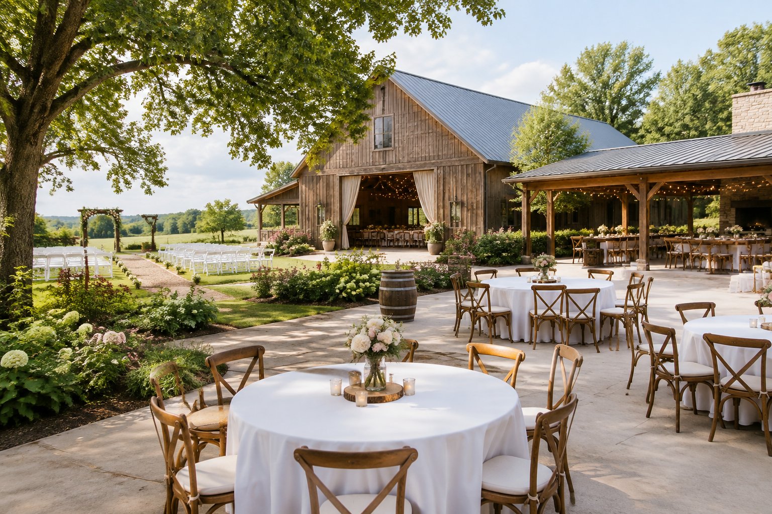 A charming affordable wedding venue with intimate tables, a simple ceremony area, and an outdoor gathering space.