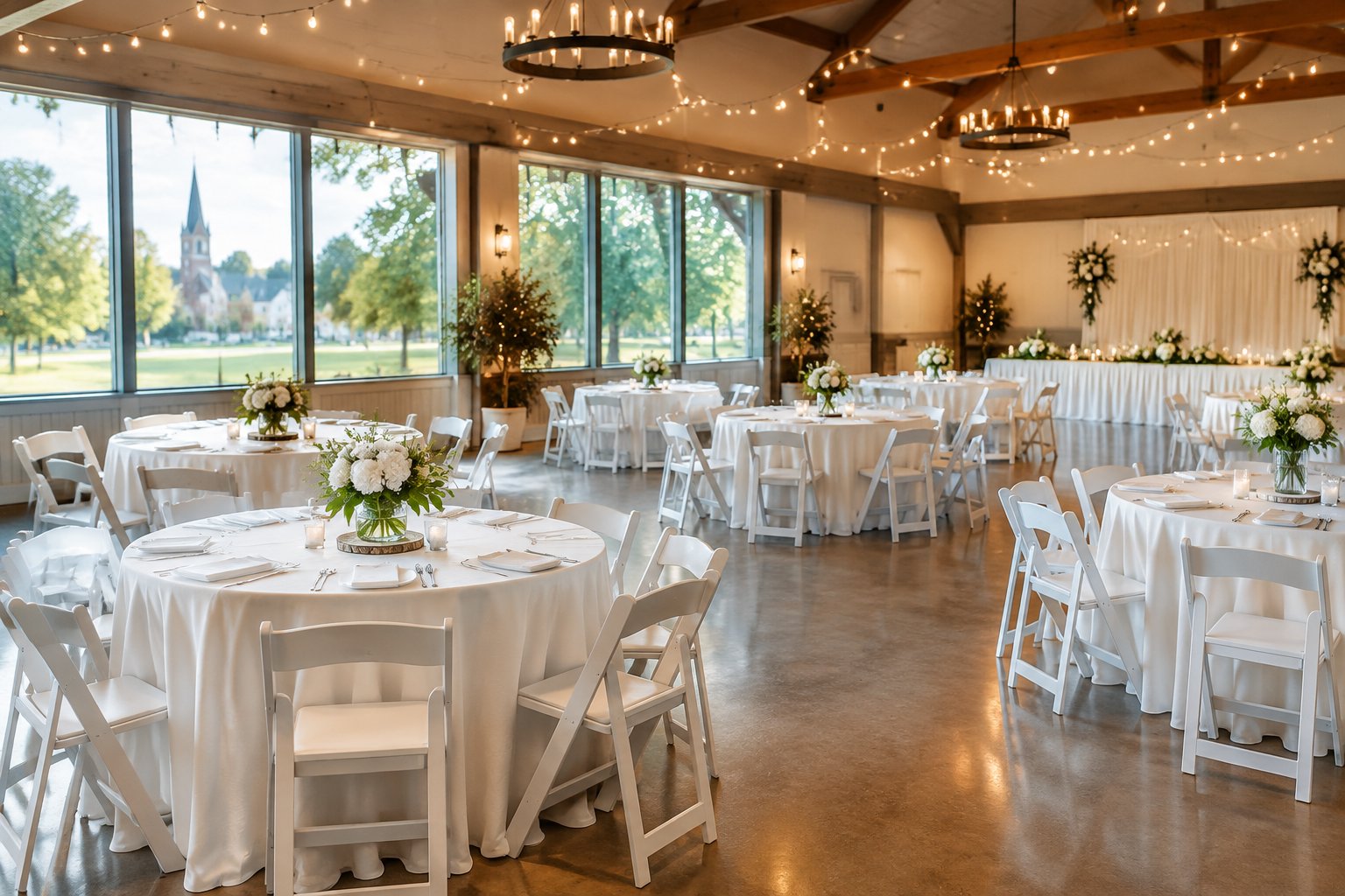 An affordable wedding venue with simple elegant decorations, arranged tables, warm lights, and a landscaped outdoor setting.