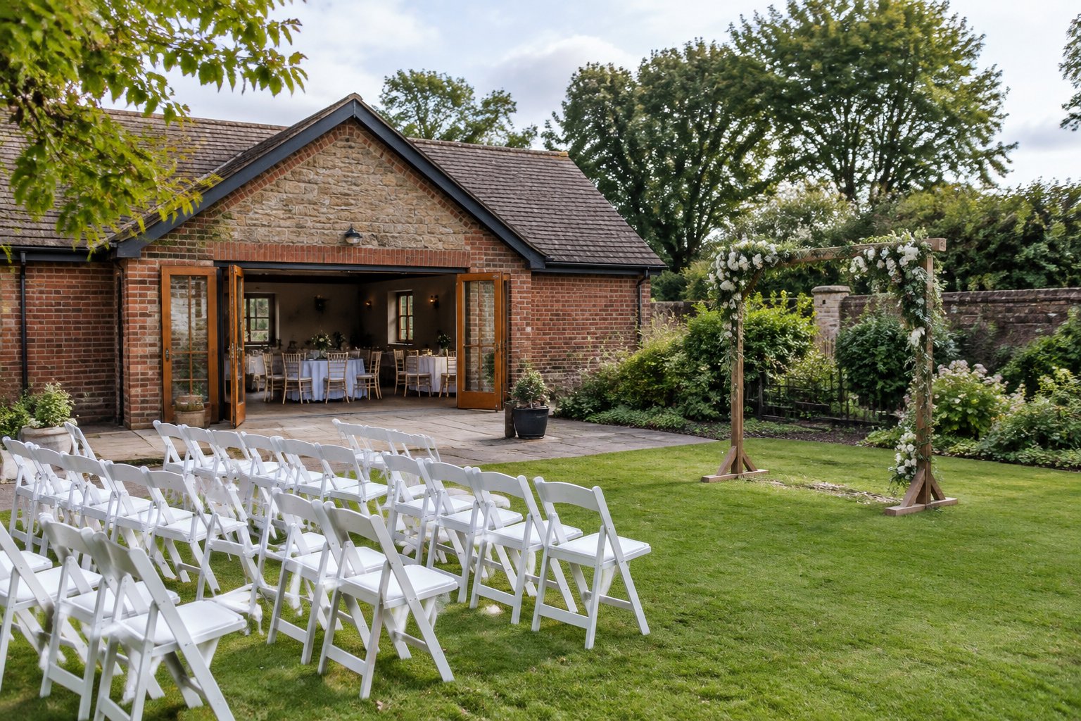 A modest countryside wedding venue with rows of white chairs, a flower-decorated ceremony arch, and garden surroundings.