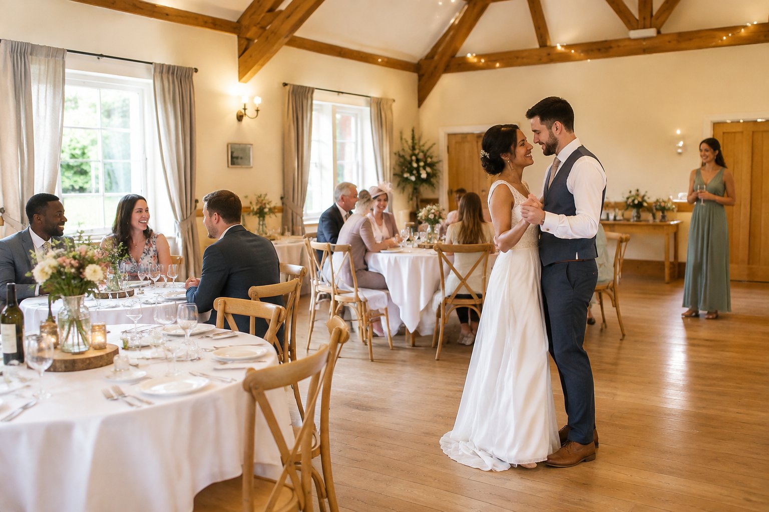 A couple and guests celebrate at a warmly decorated, affordable wedding venue.