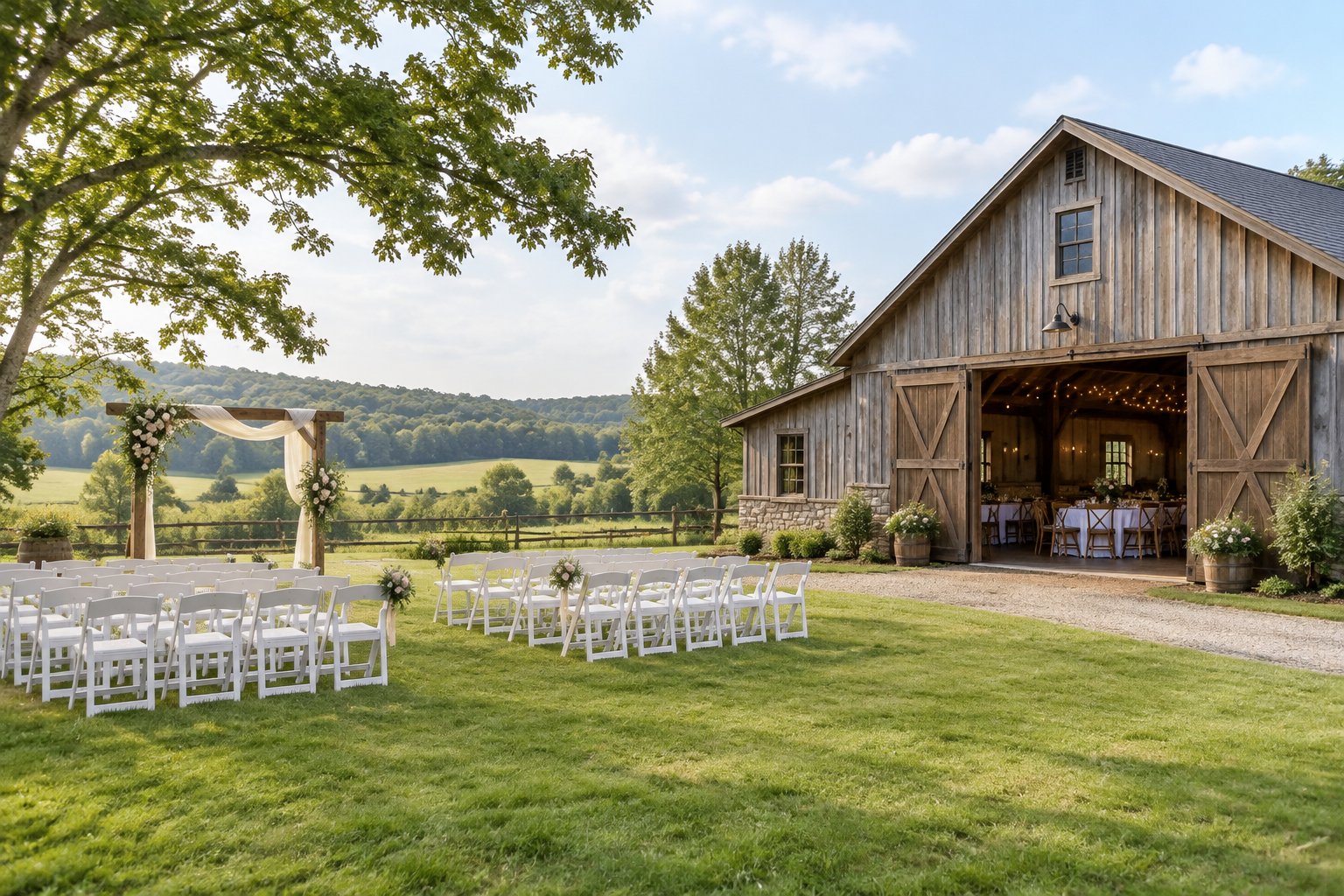 A modest countryside wedding venue with white chairs, simple decorations, and a green lawn.