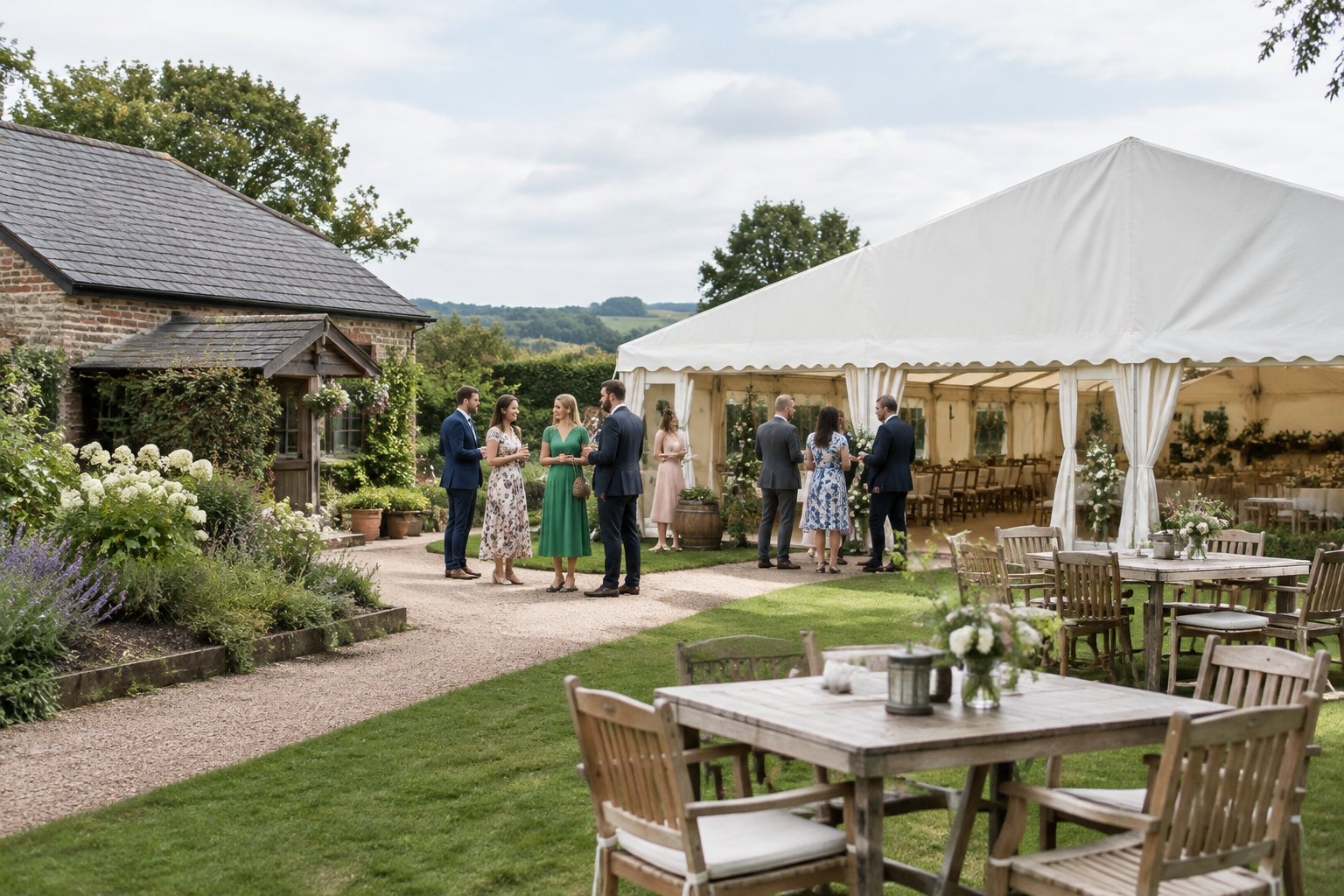 Guests gather outside a modest countryside wedding venue near Tamworth.