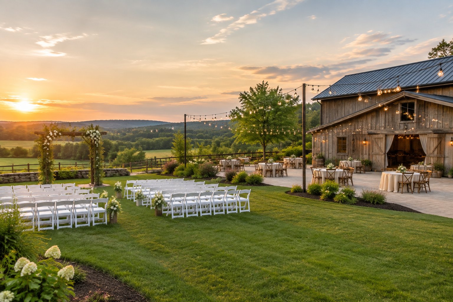A modest outdoor wedding venue with simple seating, floral decorations, and tables in a peaceful countryside setting.