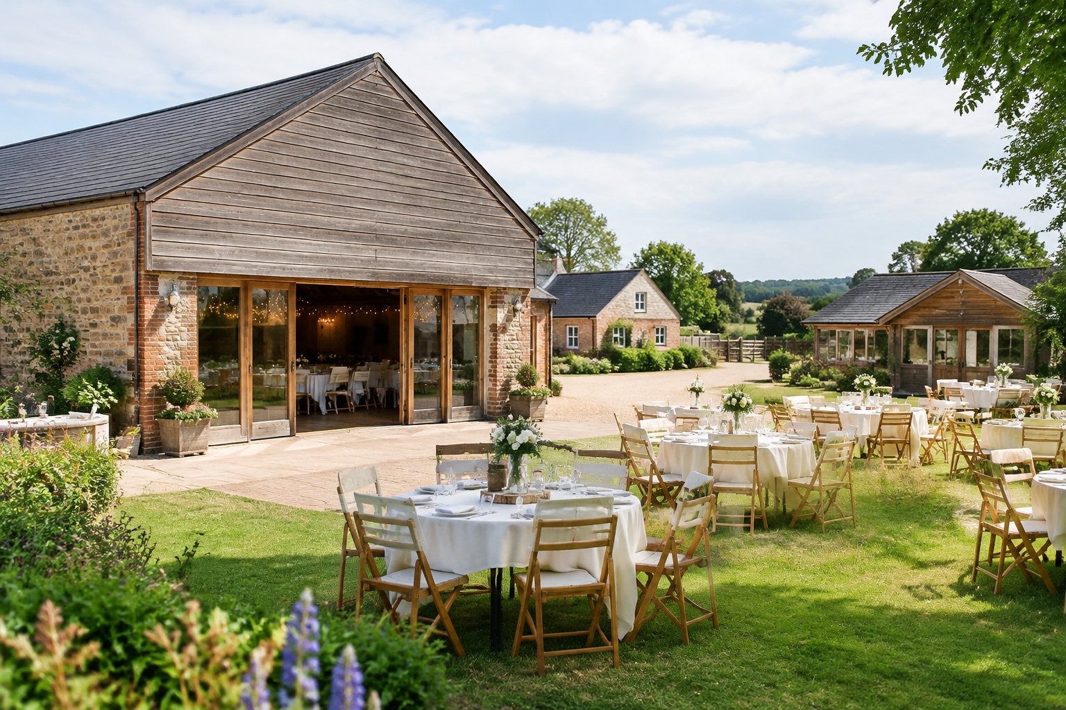 A modest wedding venue with outdoor seating and nearby countryside buildings.