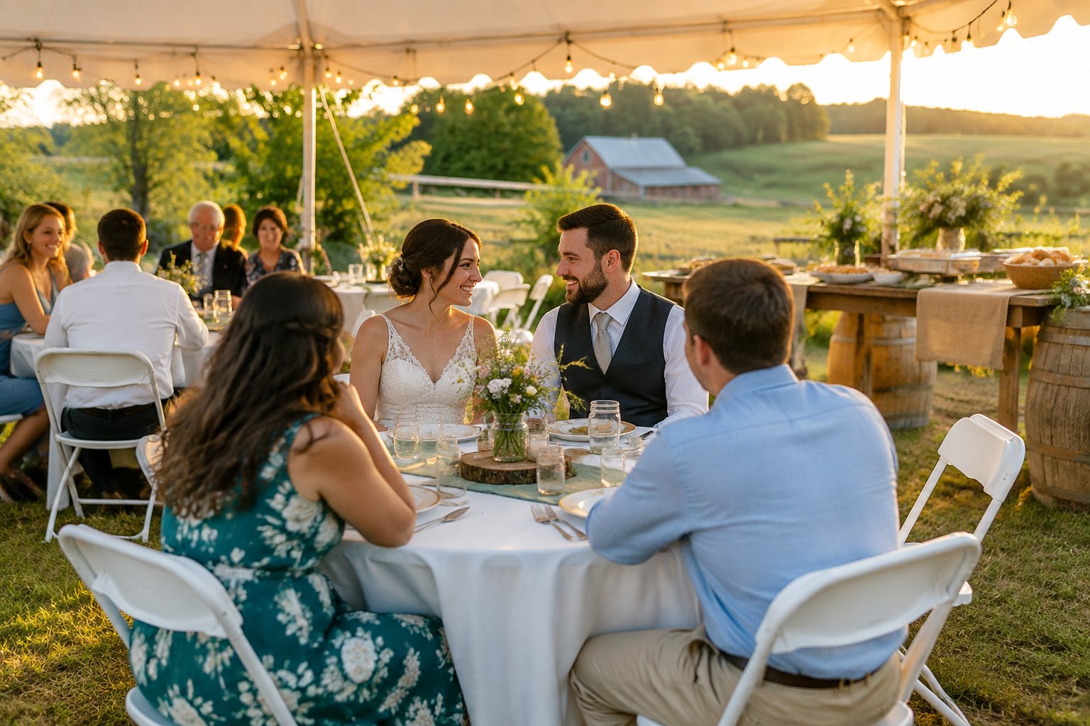 An intimate outdoor wedding reception with guests seated at simply decorated tables beneath a white canopy in a green park.