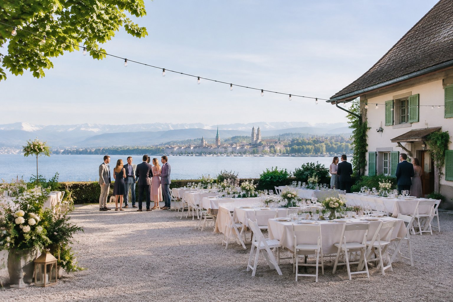 An intimate wedding reception in an affordable Zurich venue with simple decorations and a view of the city and mountains.