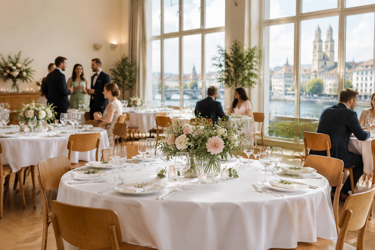 An intimate wedding reception with simple floral decorations in a bright Zurich venue.