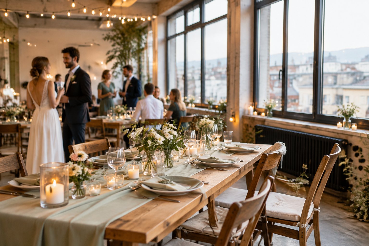 An intimate wedding reception in a warmly decorated venue with simple tables, flowers, and softly lit guests.