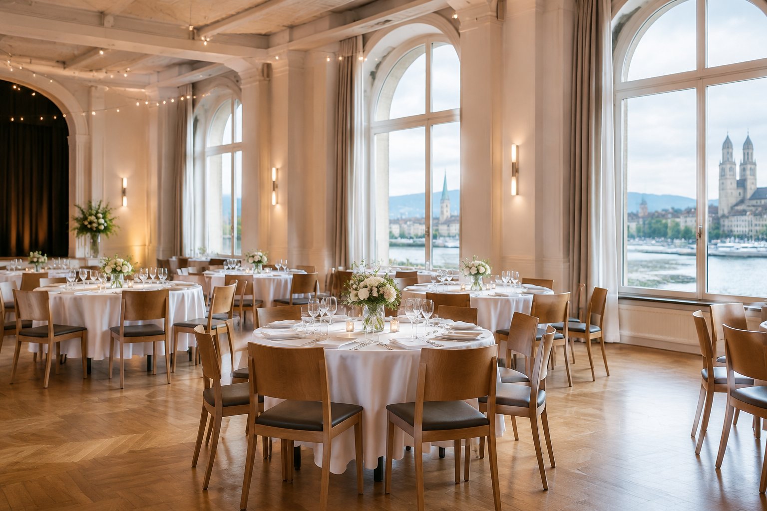 An affordable wedding reception venue in Zurich with simple elegant decor and a view of the city or lake.