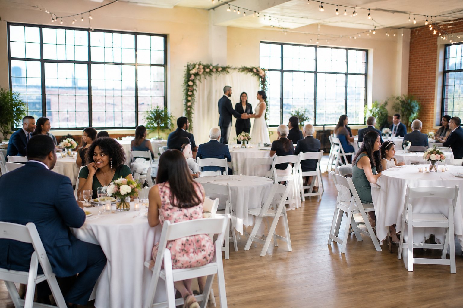 A modest decorated wedding venue in Queens with tables, flowers, string lights, and guests celebrating.