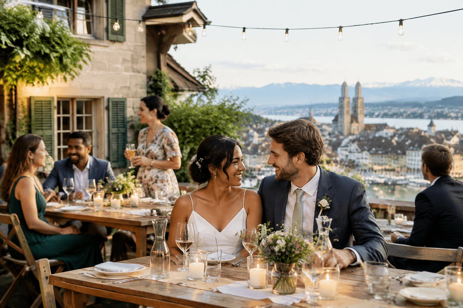 An elegant wedding reception in Zurich with guests enjoying a warm, budget-friendly celebration.