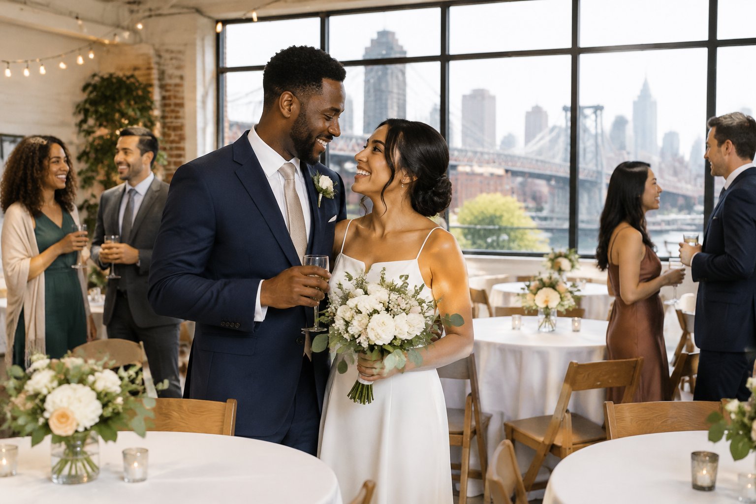 A couple celebrates with guests in an affordable, warmly decorated wedding venue.