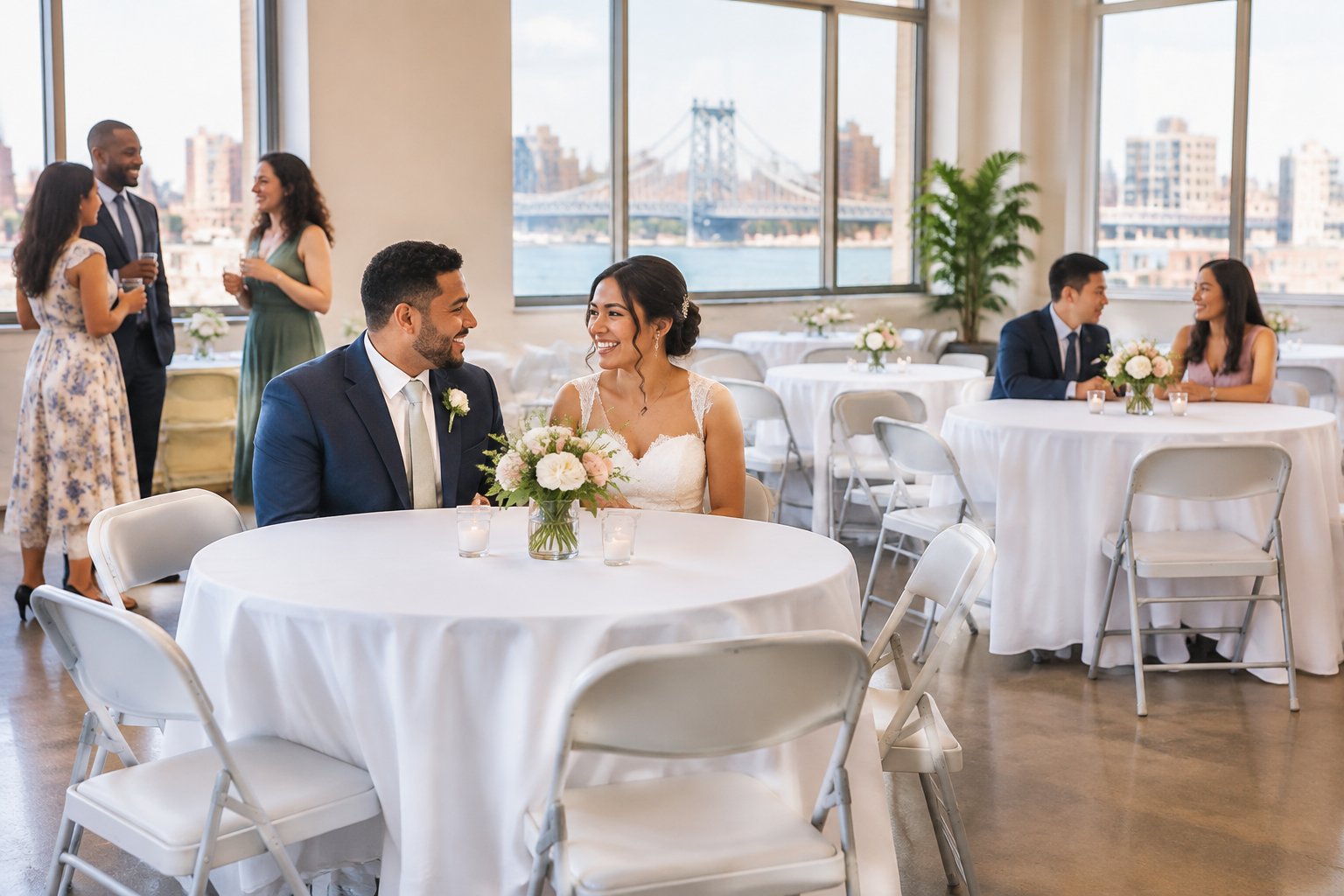 A couple and guests celebrate at an affordable wedding reception in a welcoming Queens venue.