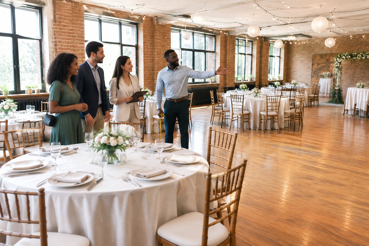 A group of adults reviews seating arrangements in an affordable wedding venue.
