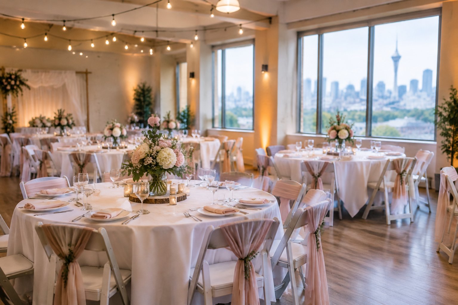 An affordable wedding reception venue in Toronto with simple floral decorations, neatly arranged tables, warm lighting, and a city view through the windows.