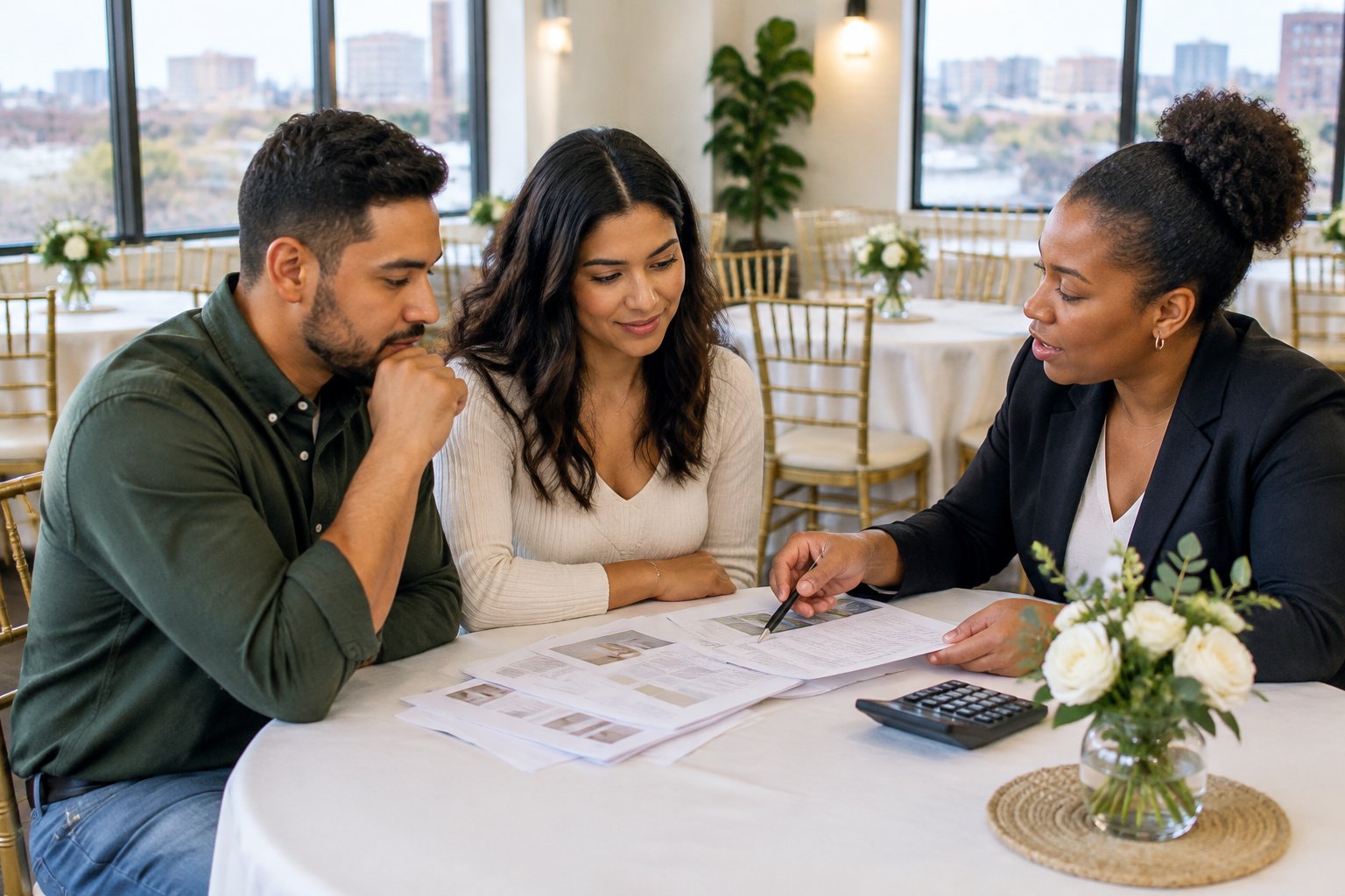 A couple reviews wedding venue pricing with a coordinator in an affordable decorated event space.