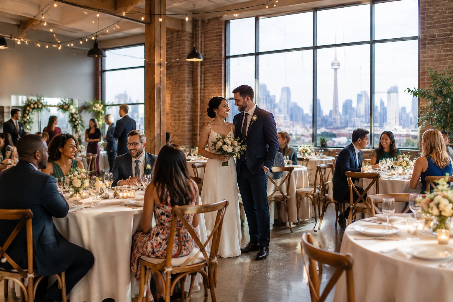 A couple and guests celebrate at an affordable wedding reception in a warmly decorated Toronto venue.