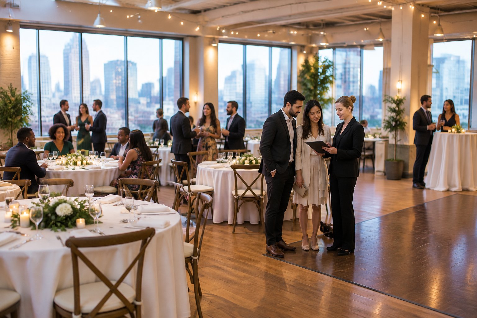 A couple and venue coordinator review a flexible wedding reception space with seated guests and simple elegant decorations.