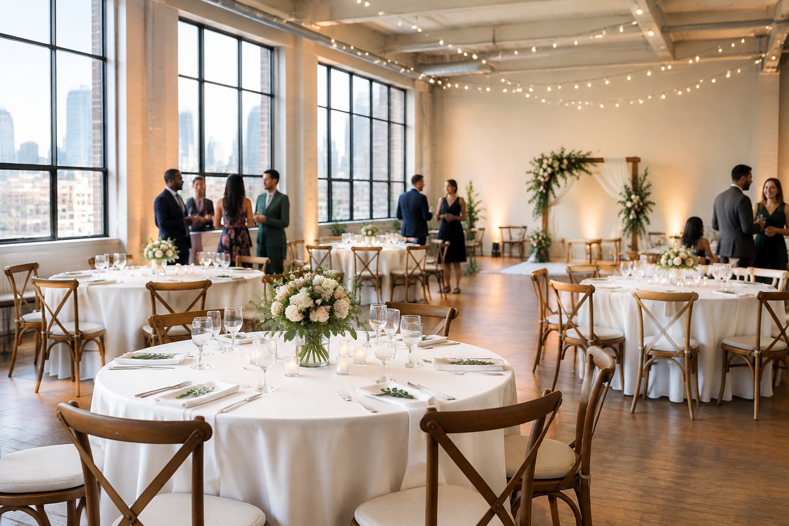 A welcoming Toronto wedding reception venue with simple floral centerpieces, neatly set tables, warm lighting, and guests socializing.