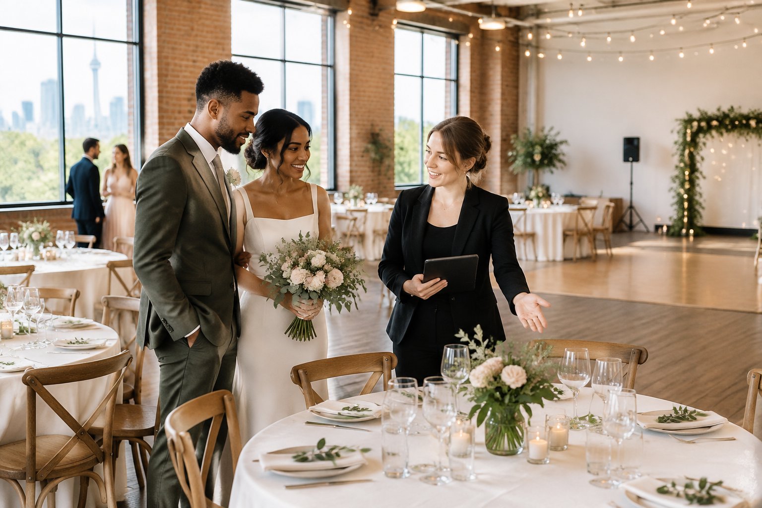 A couple and venue coordinator review a simply decorated wedding reception space with tables, greenery, and warm lighting.