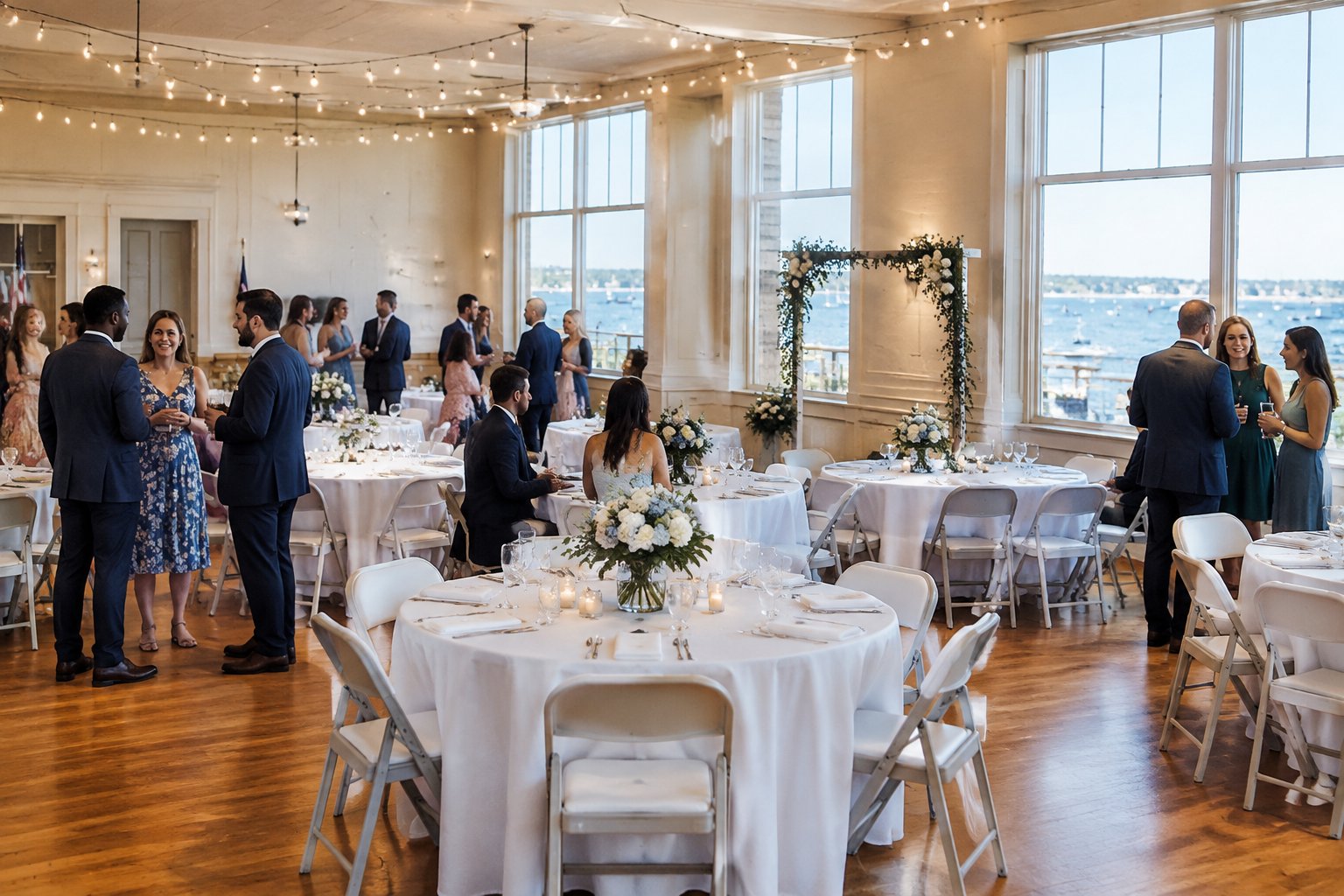 An affordable wedding reception is arranged in a bright community venue with simple decorations, round tables, and guests mingling.