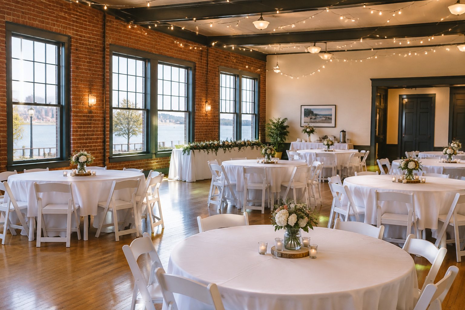 A modest wedding reception venue in Quincy with simple decorations, tables, chairs, and warm lighting.